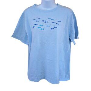 Top Stitch By Morning Sun Light Blue Fish Embroidered T-Shirt Large 100% Cotton
